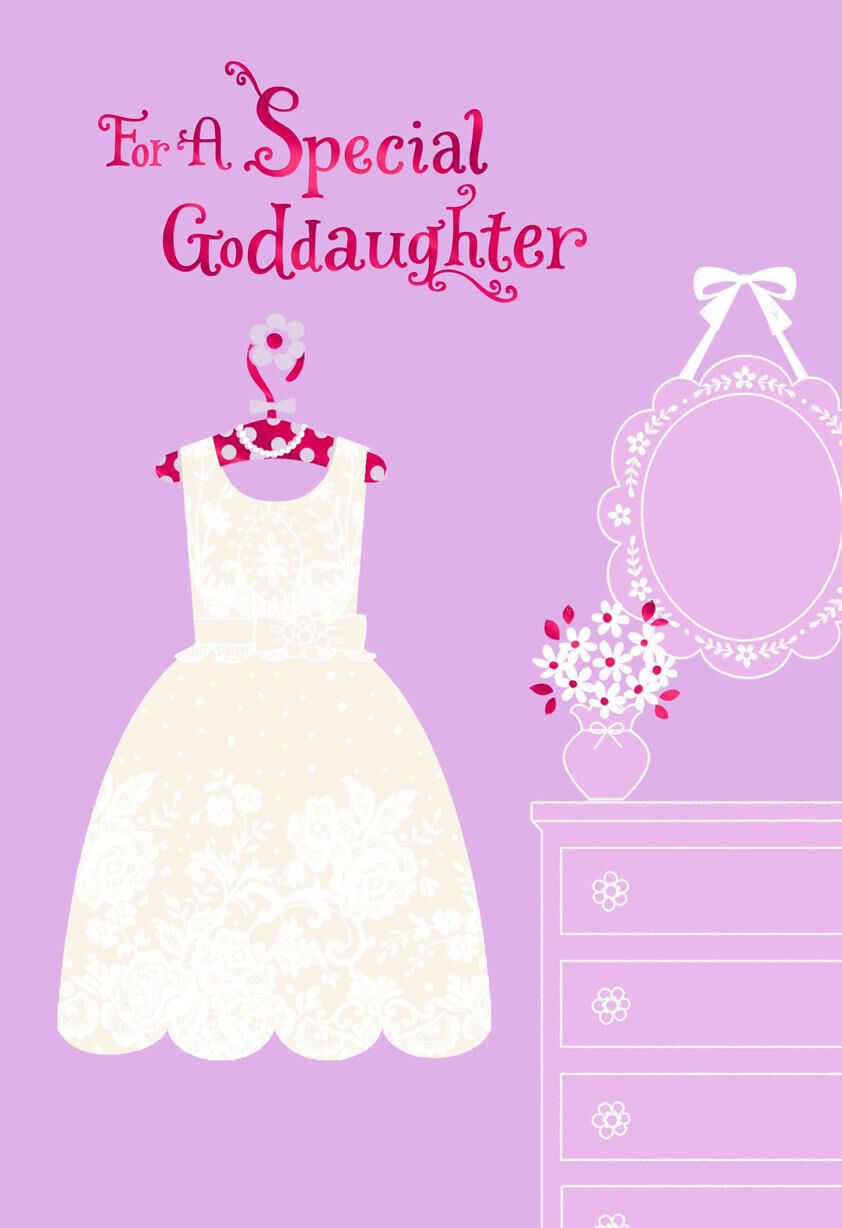 Flowery White Dress First Holy Communion Card for Goddaughter