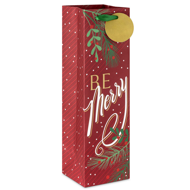 13" Be Merry on Dark Red Christmas Wine Gift Bag