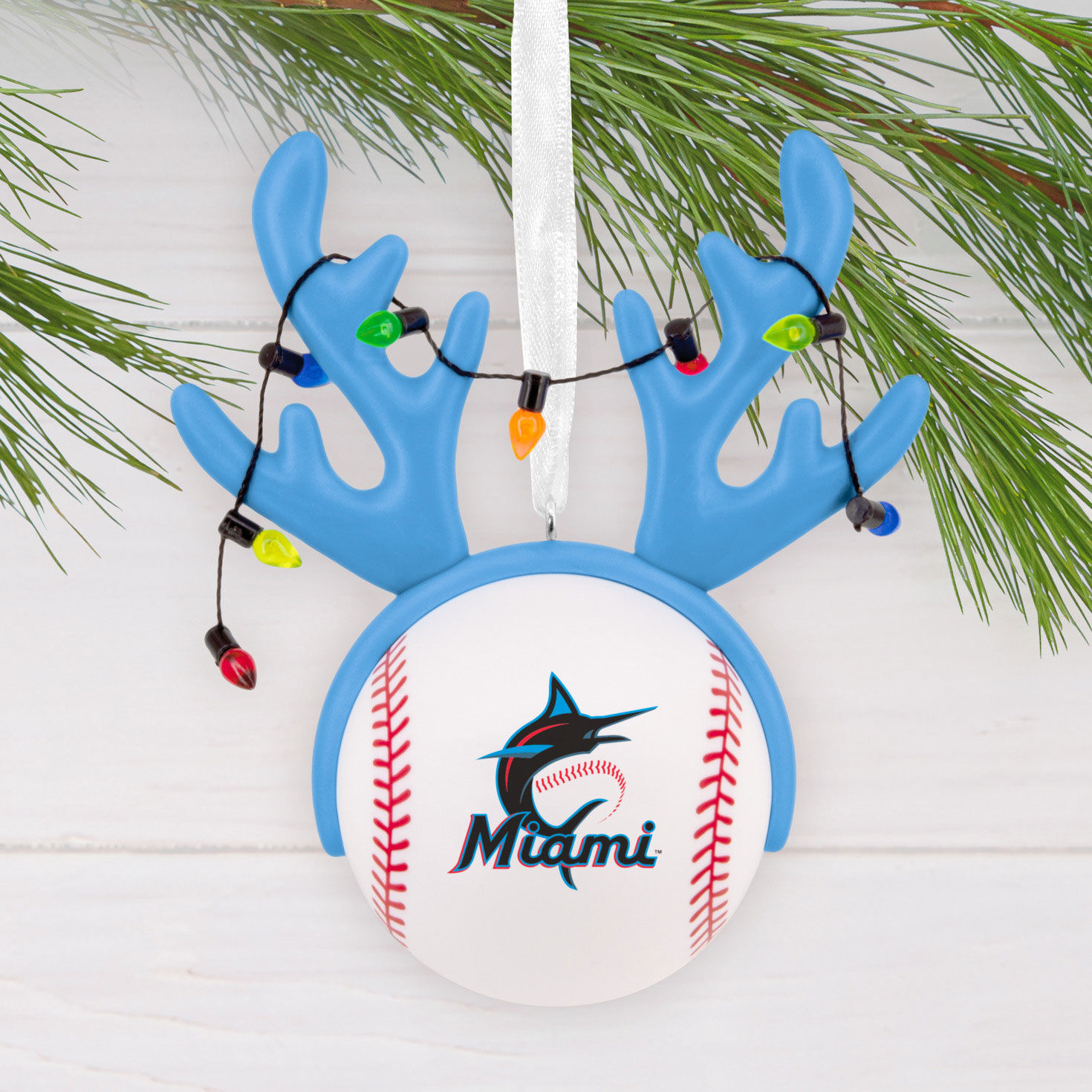 Marlins Reindeer Baseball Christmas Ornament hanging on tree image number 2