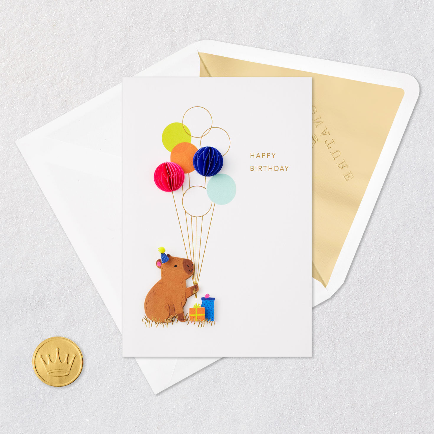 Cartoon Capybara with Balloons Birthday Card Card Front with Envelope and Gold Seal image number 5