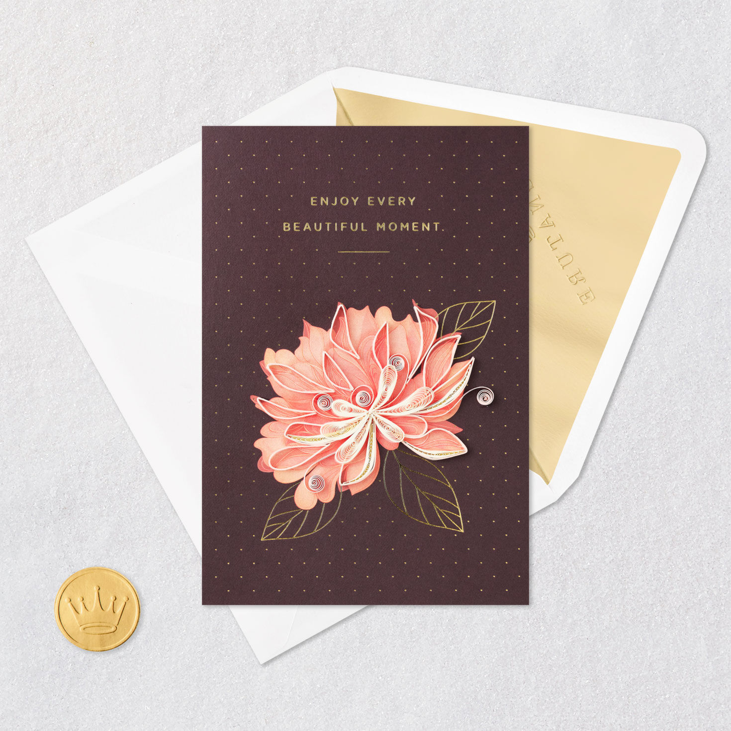 Quilled Pink Peony Congrats Card Card Front with Envelope and Gold Seal image number 5