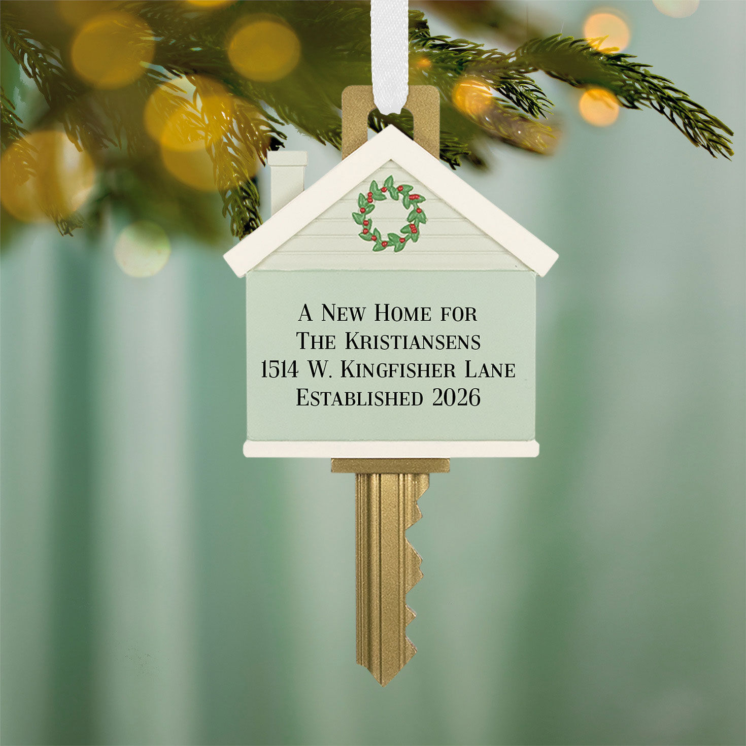 New Home Key Personalized Christmas Ornament hanging on tree image number 2