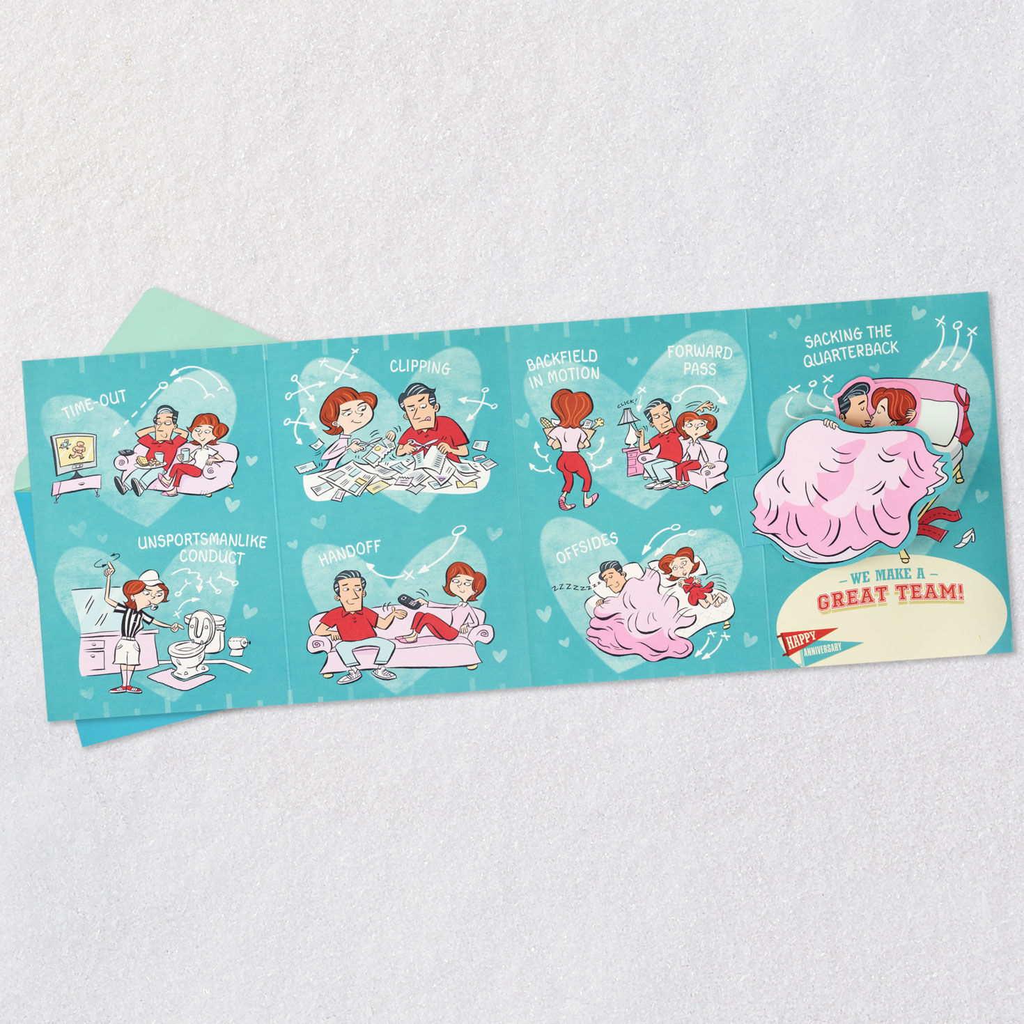 Football Lettering Teal and Red Funny Anniversary Card Open card with envelope image number 6
