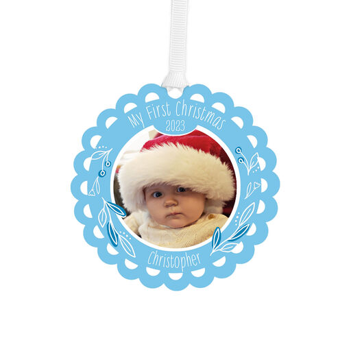 Baby's First Christmas Blue Scalloped Personalized Text and Photo Metal Ornament, 
