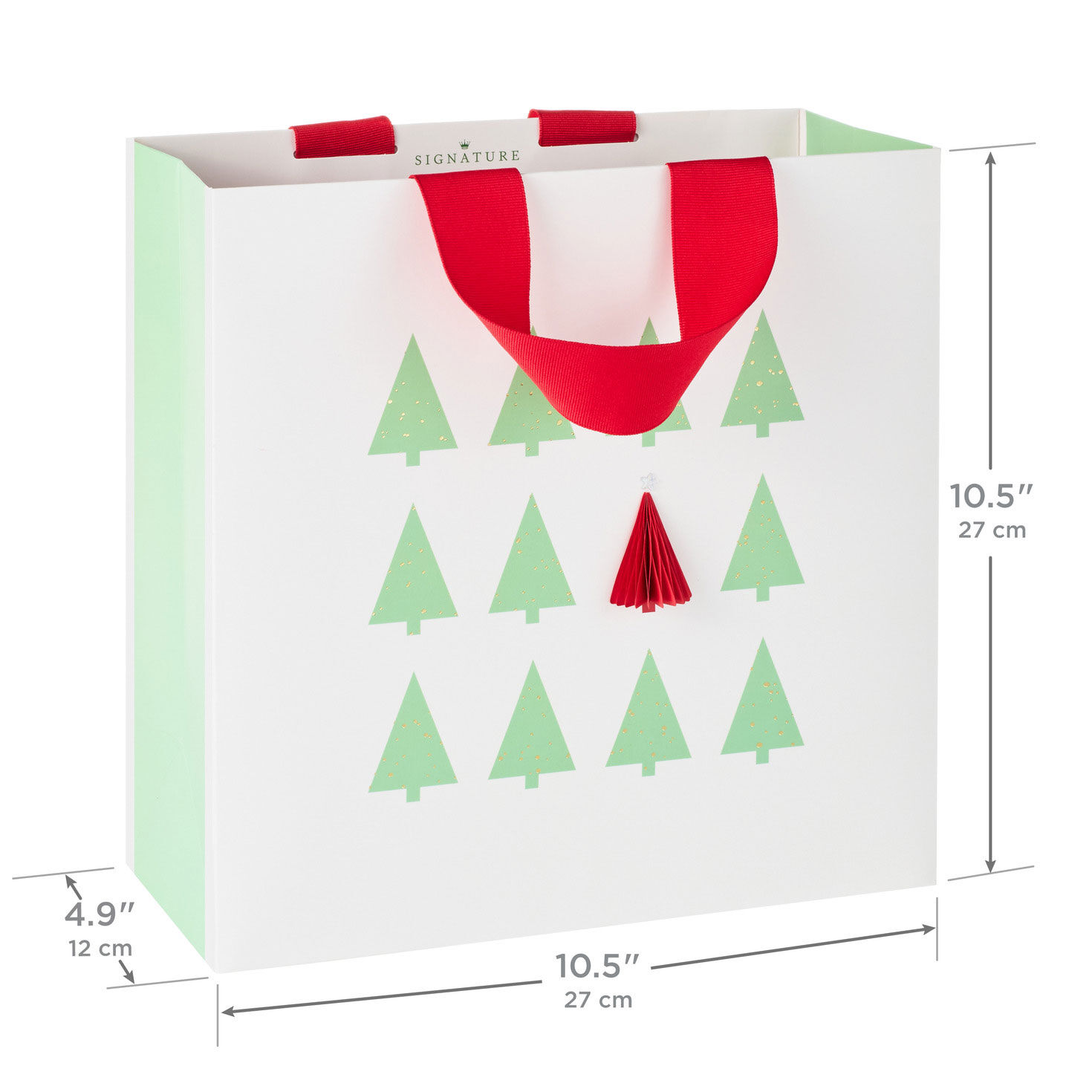 Green and Red Trees on White Square Holiday Gift Bag measurement image number 3