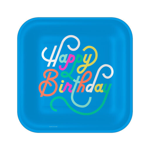 Blue "Happy Birthday" Square Dinner Plates, Set of 8, 