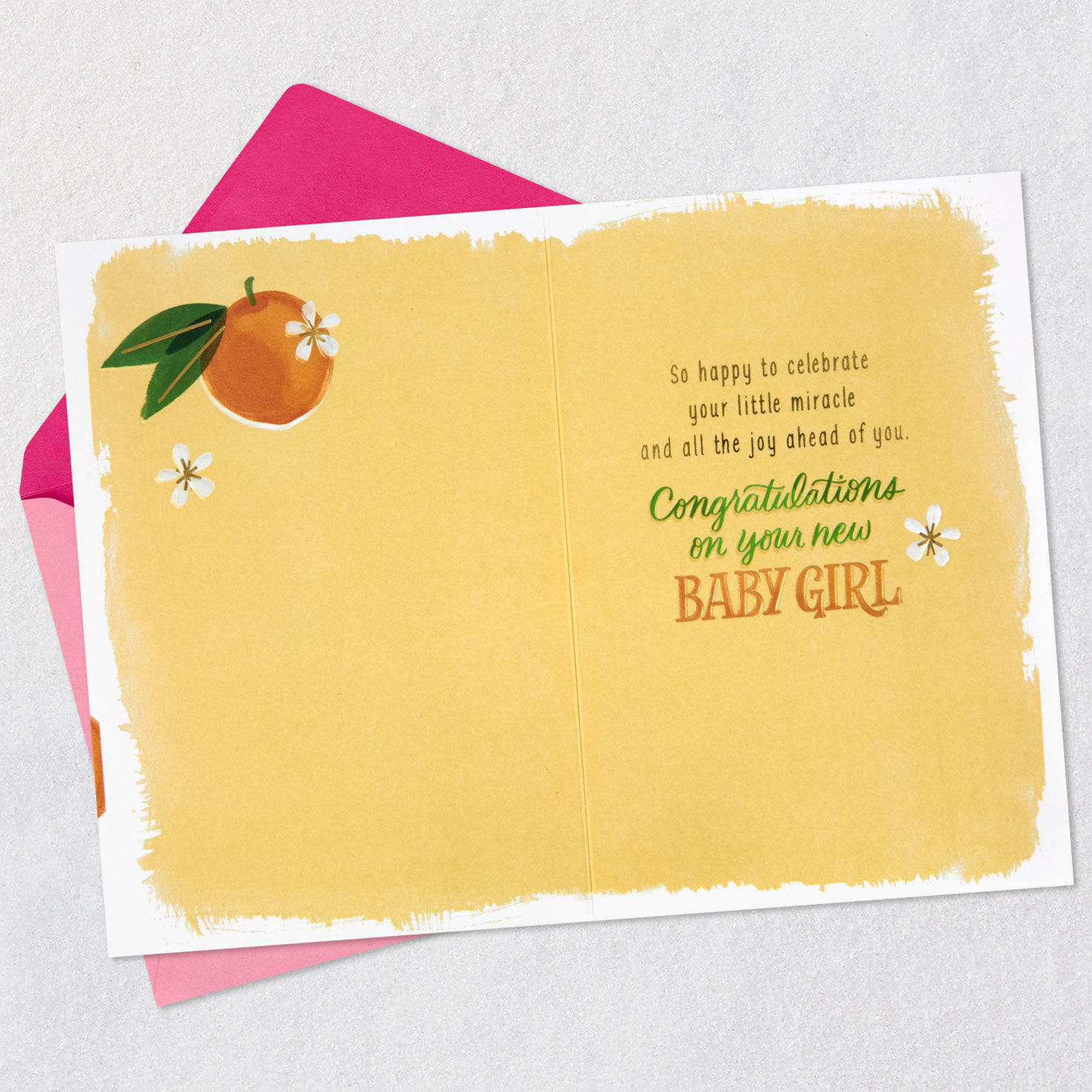 Oranges and Flowers New Baby Girl Card Open card with envelope image number 3