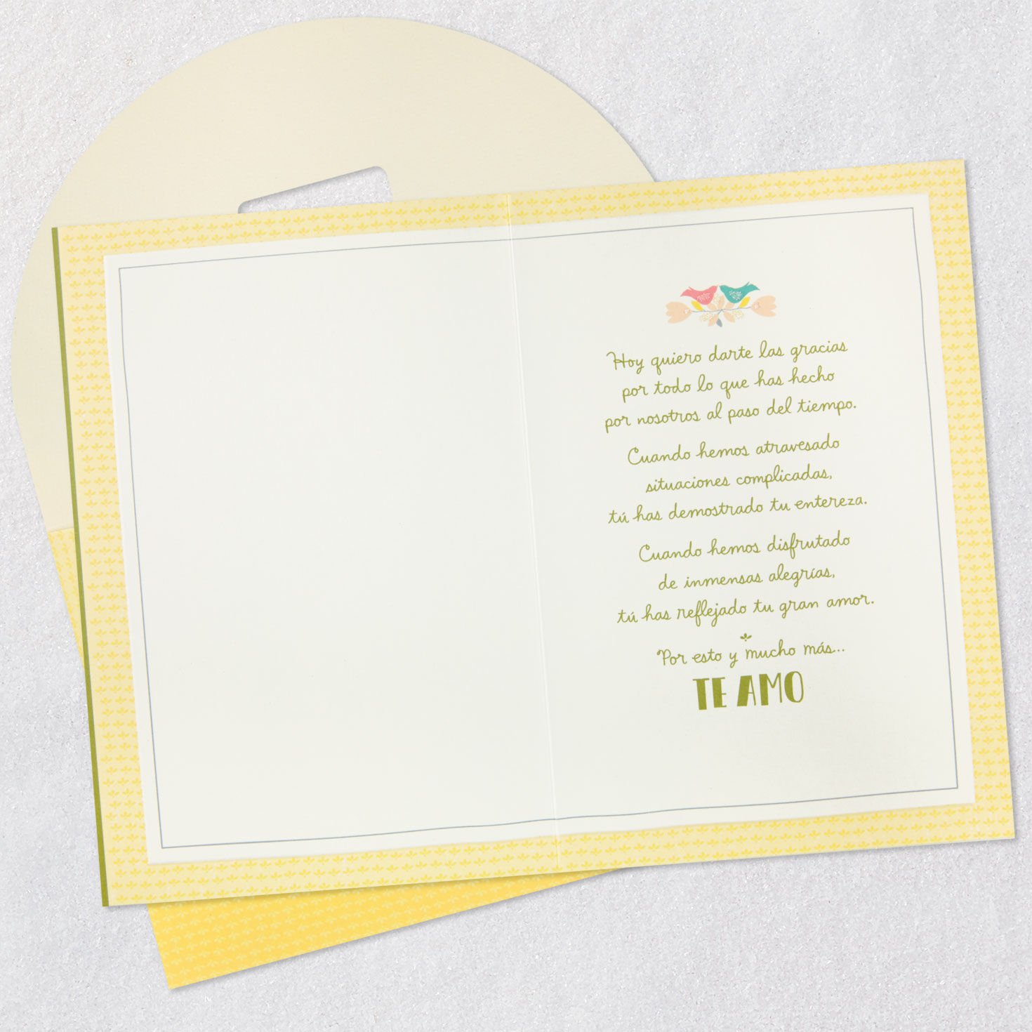 Flower Birds Wreath Anniversary Card in Spanish Open card with envelope image number 3