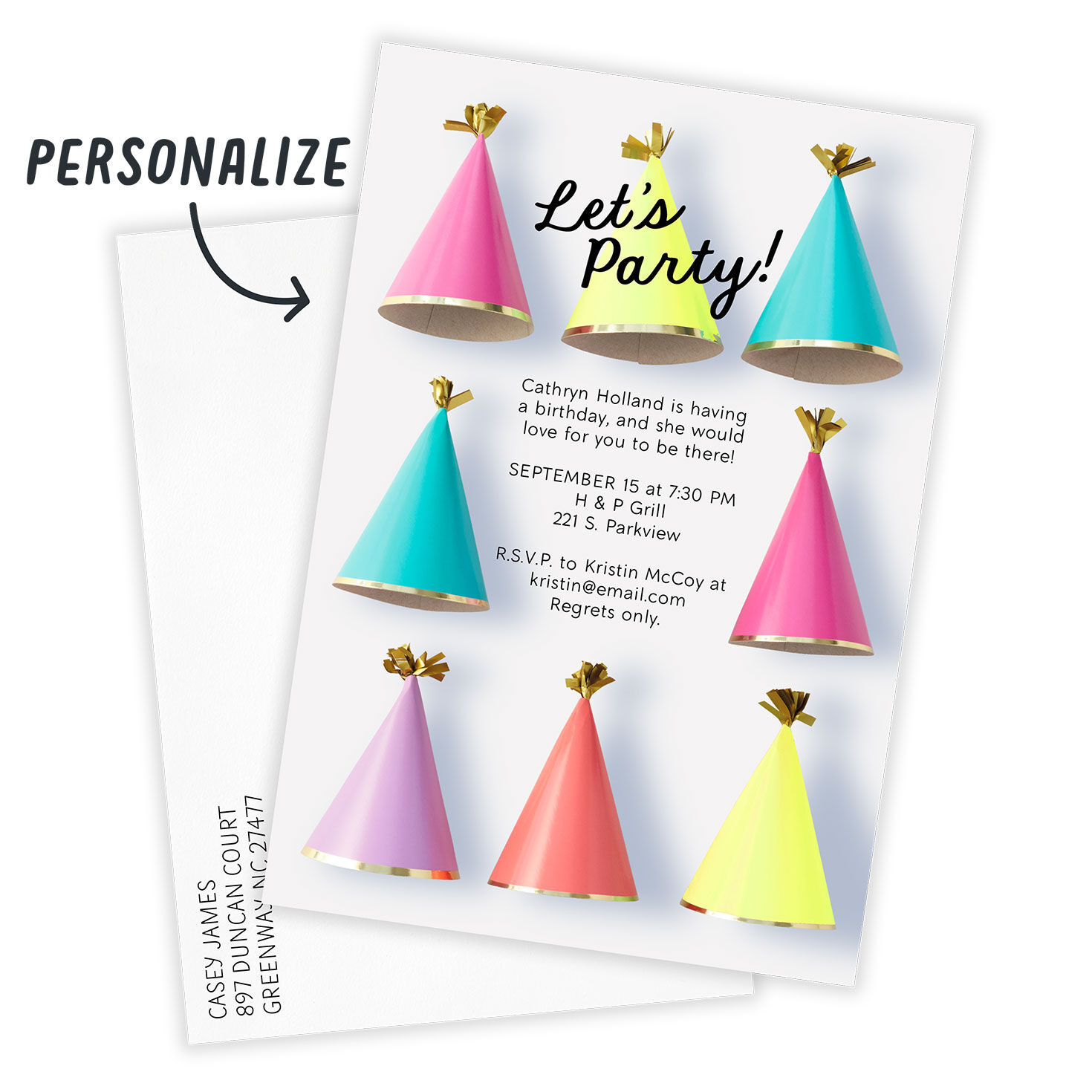Colored Party Hats Personalized Party Invitation Open Card with Envelope indicating personalization image number 2