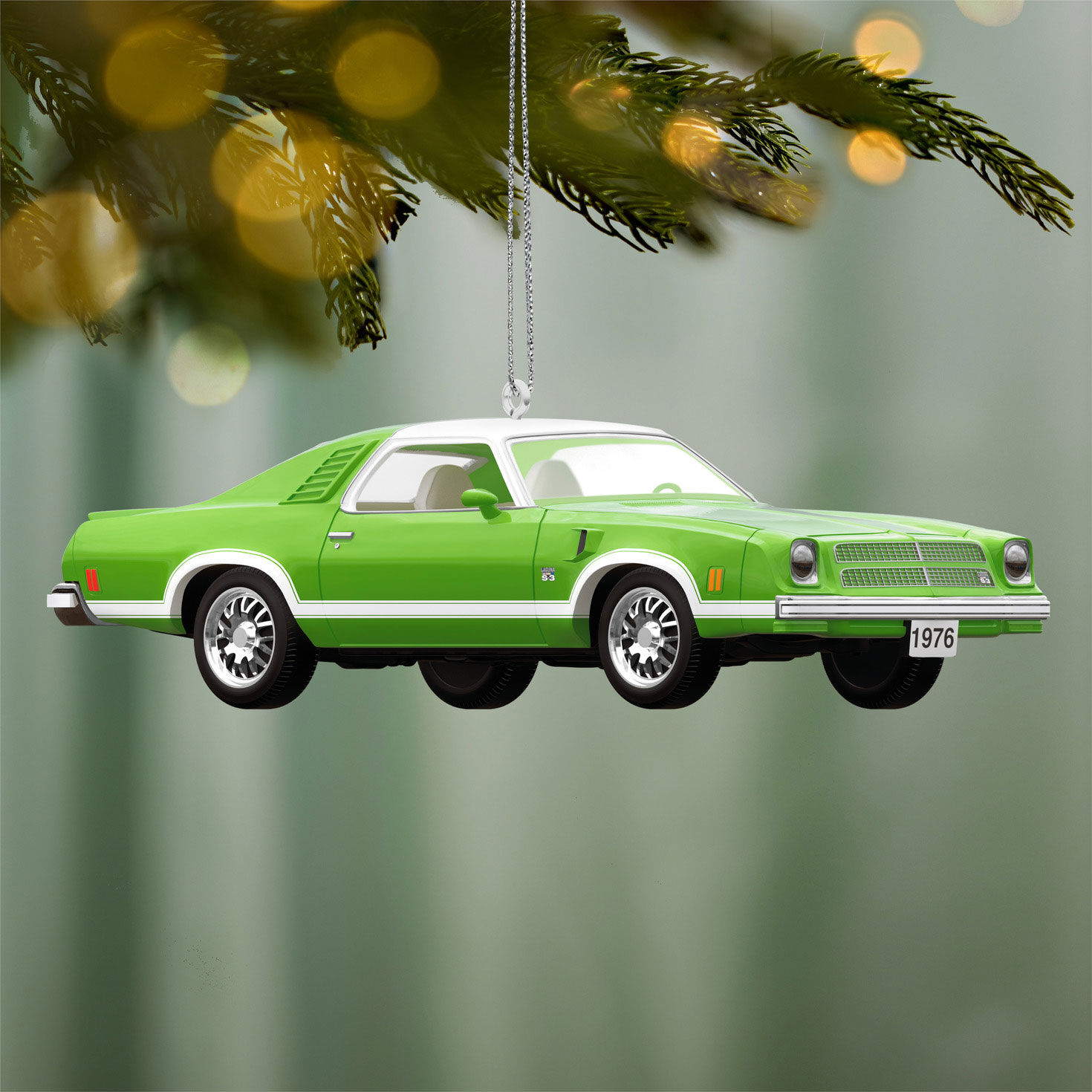 Green Chevy Chevelle Sports Car Keepsake Ornament hanging on tree image number 2