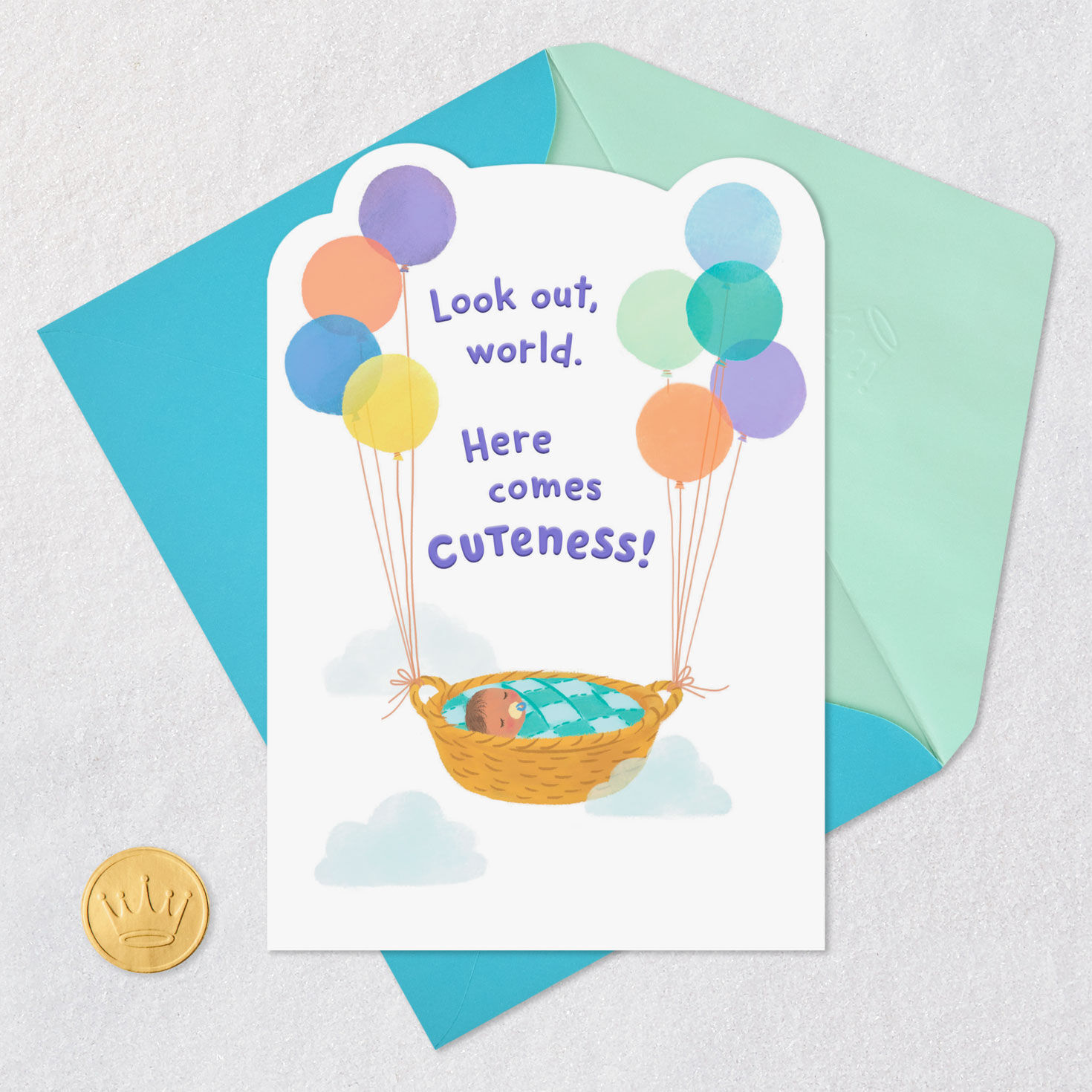 Balloons Carrying Baby in Basket New Baby Boy Card Card Front with Envelope and Gold Seal image number 5