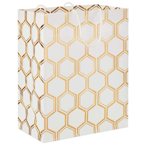 9.6" Gold Foil Hexagons on White Medium Gift Bag