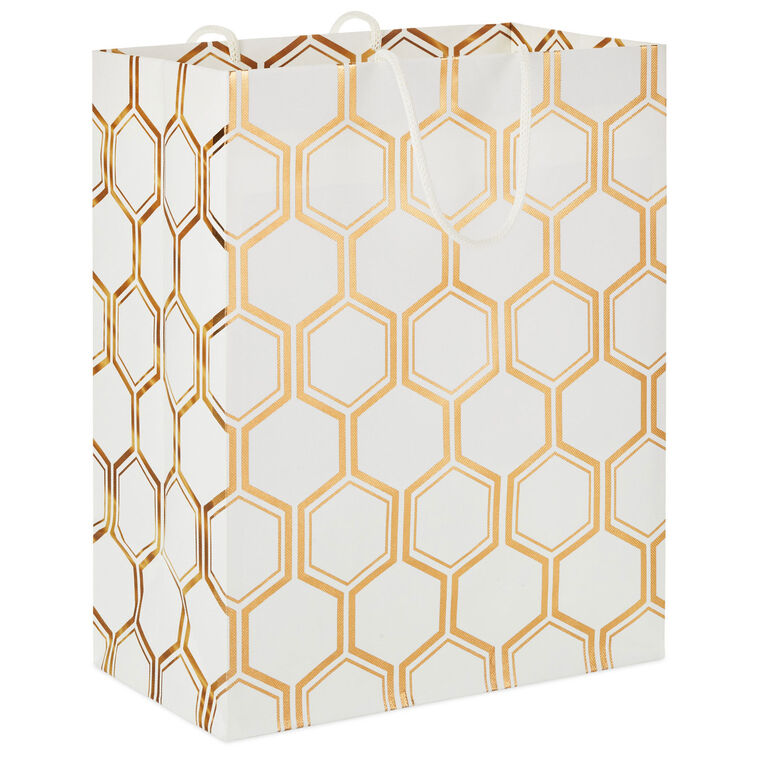9.6" Gold Foil Hexagons on White Medium Gift Bag