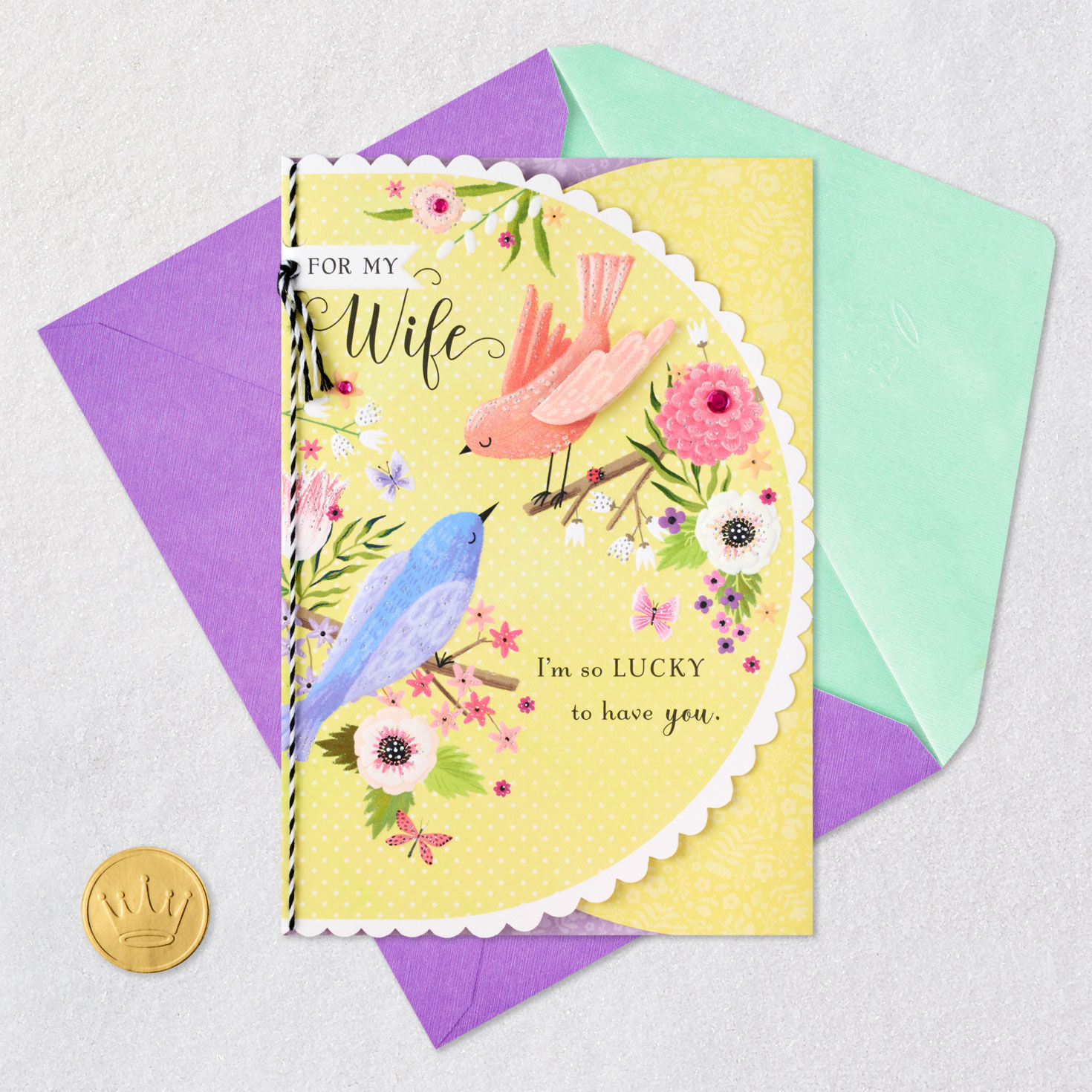 Lovebirds and Flowers Wife Mother's Day Card Card Front with Envelope and Gold Seal image number 7