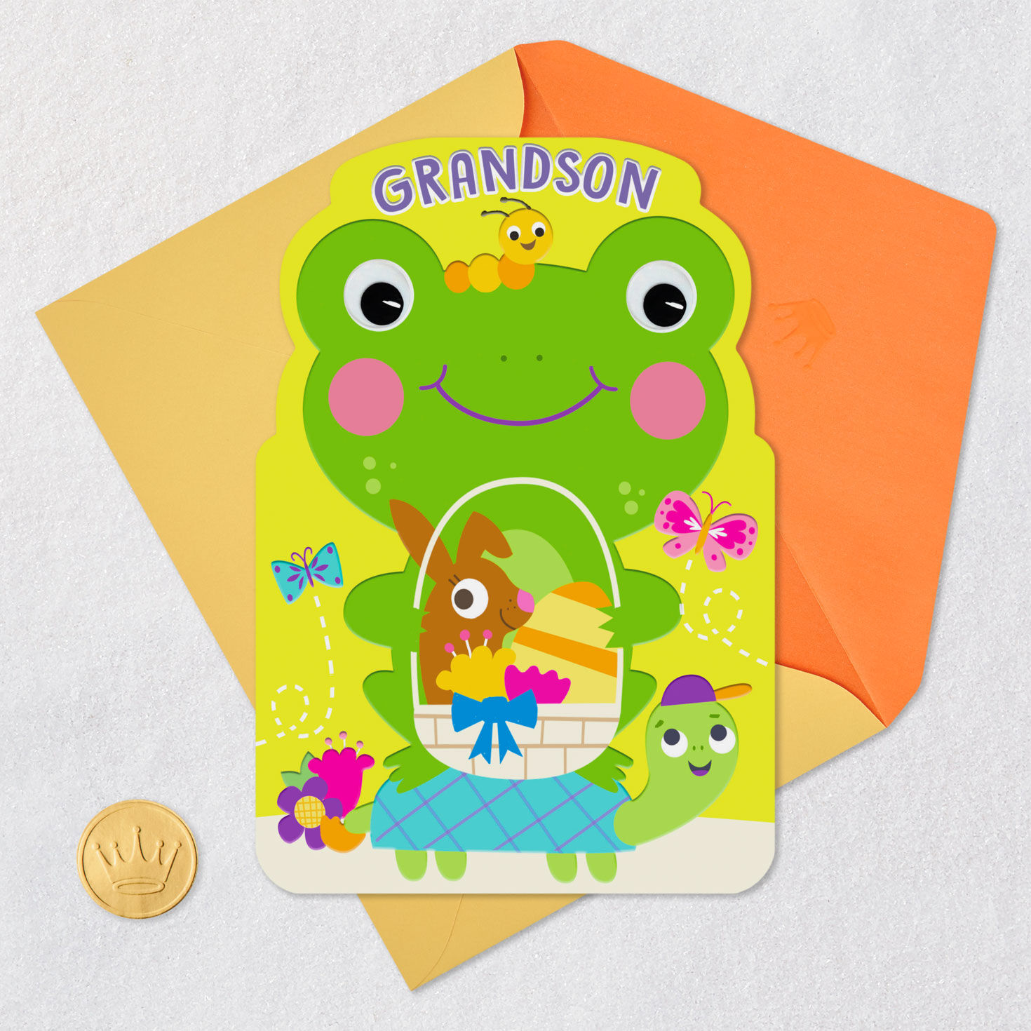 Green Frog on Turtle Easter Card for Grandson Card Front with Envelope and Gold Seal image number 5