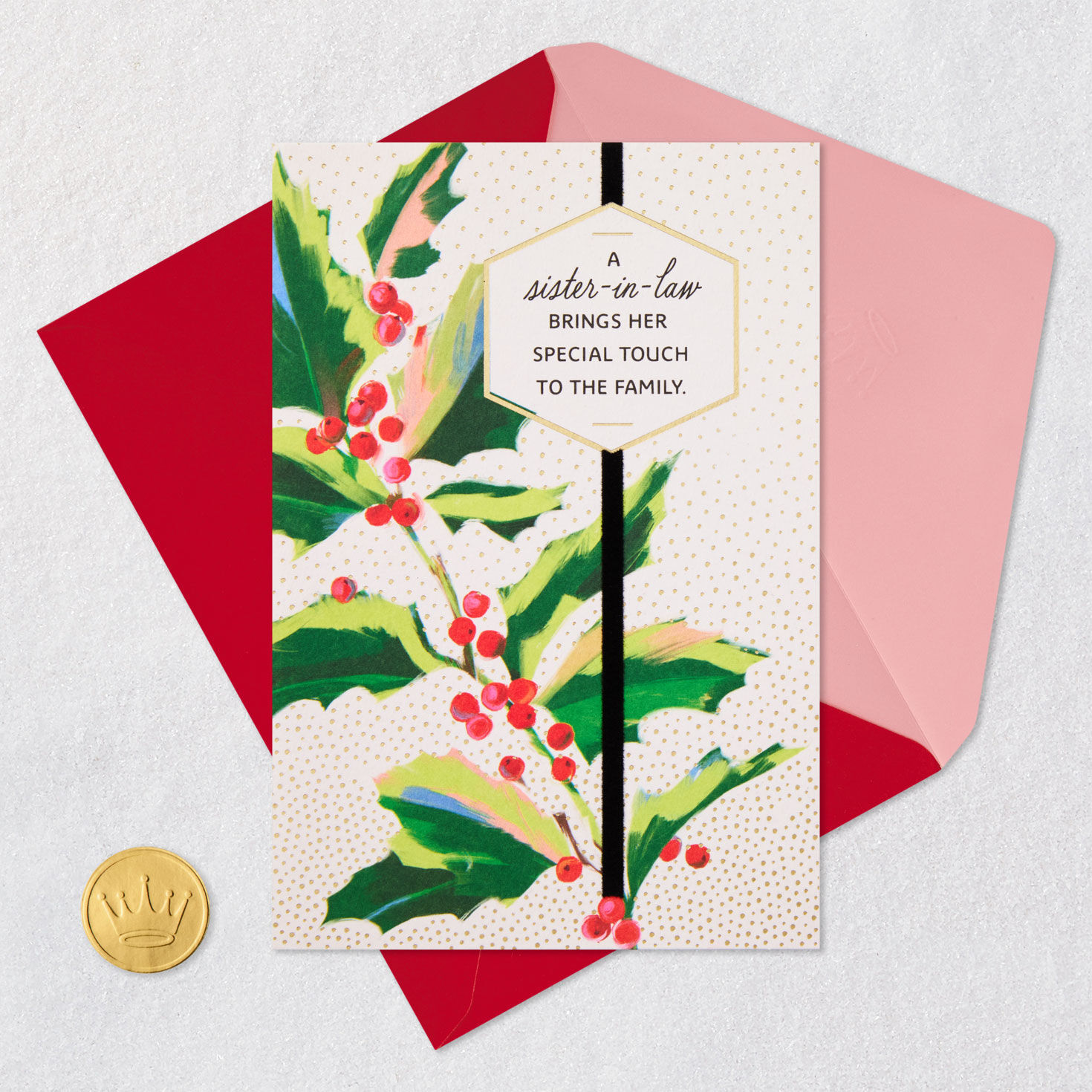 Holly Leaves Sister-in-Law Christmas Card Card Front with Envelope and Gold Seal image number 6