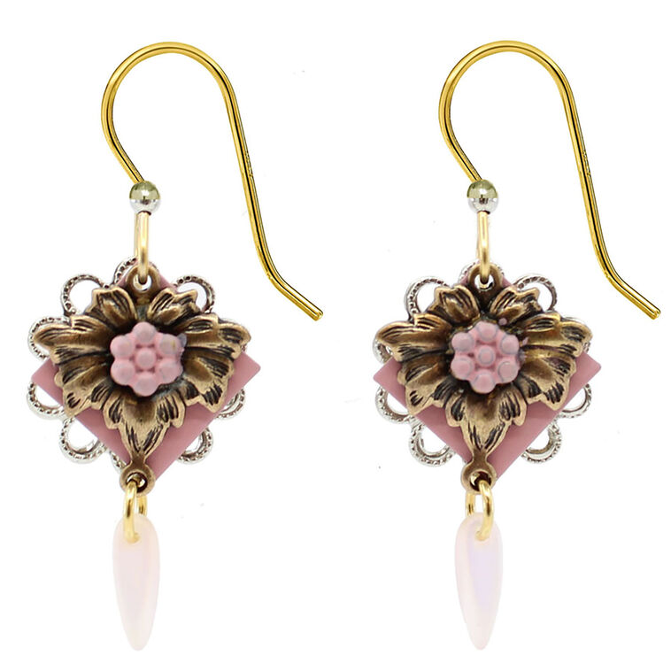 Silver Forest Vintage Pink Flower and Gold Filigree Drop Earrings