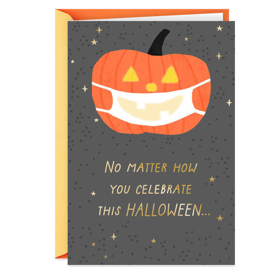 Pumpkin in Face Mask Halloween Card, , large image number 1