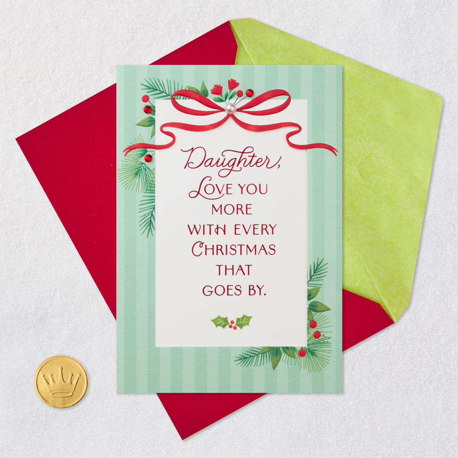 Red Bow on Green Stripes Christmas Card for Daughter Card Front with Envelope and Gold Seal image number 6