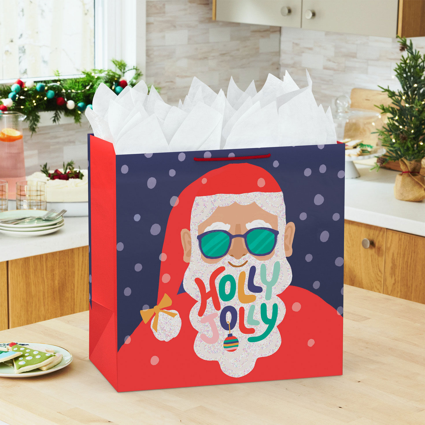 Glittery Santa on Blue Big Holiday Gift Bag In use image number 2