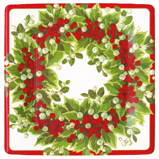 Caspari Holly and Berry Wreath Square Dinner Plates, Set of 8, 