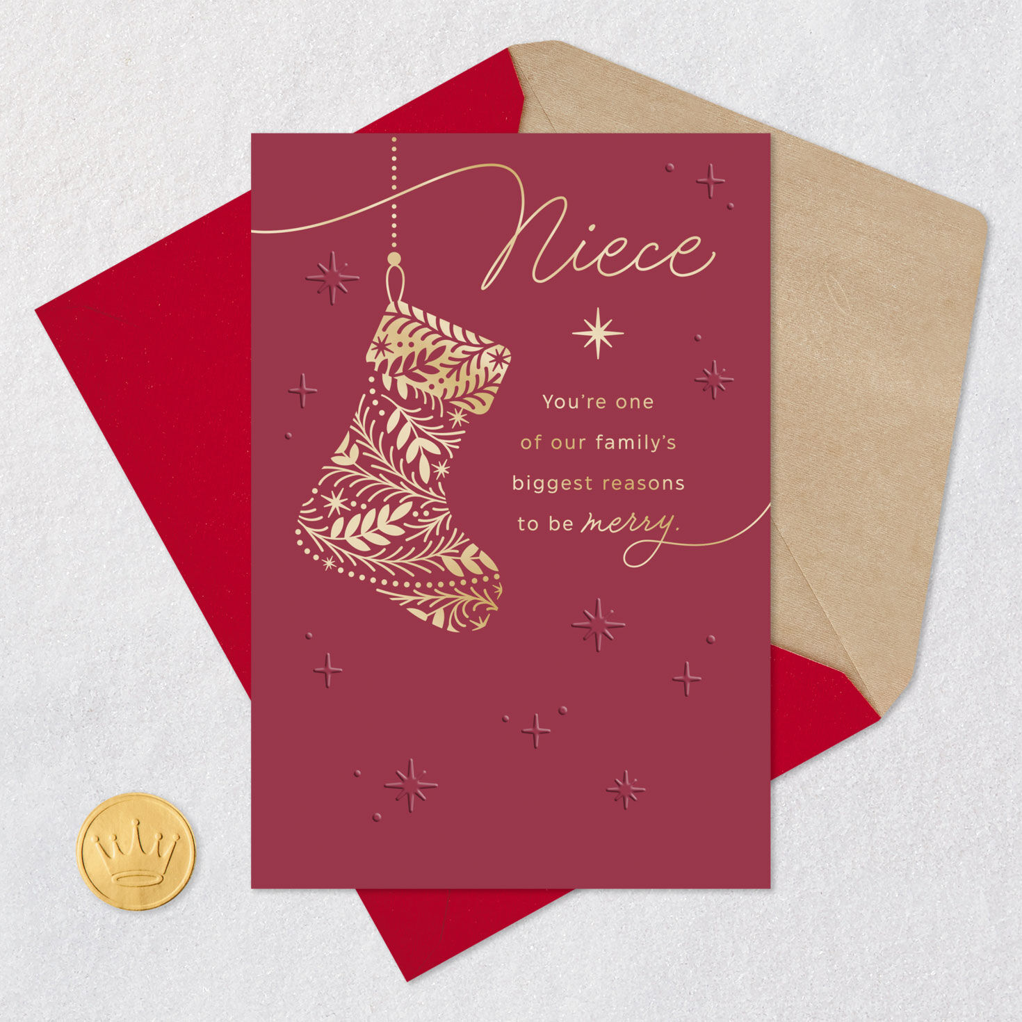 Gold Botanical Stocking on Mauve Christmas Card for Niece Card Front with Envelope and Gold Seal image number 5