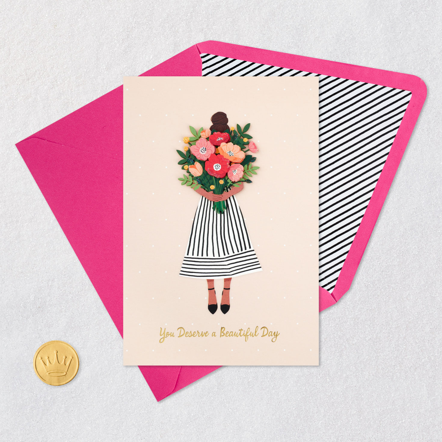 Woman Holding Flower Bouquet Mother's Day Card Card Front with Envelope and Gold Seal image number 5