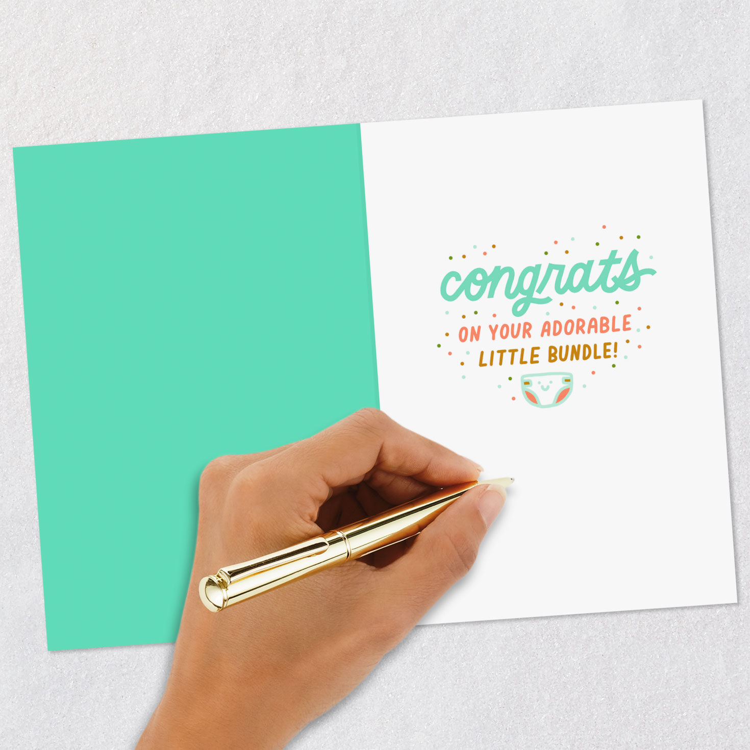 Script Lettering on Green Funny New Baby Card Signing card image number 6