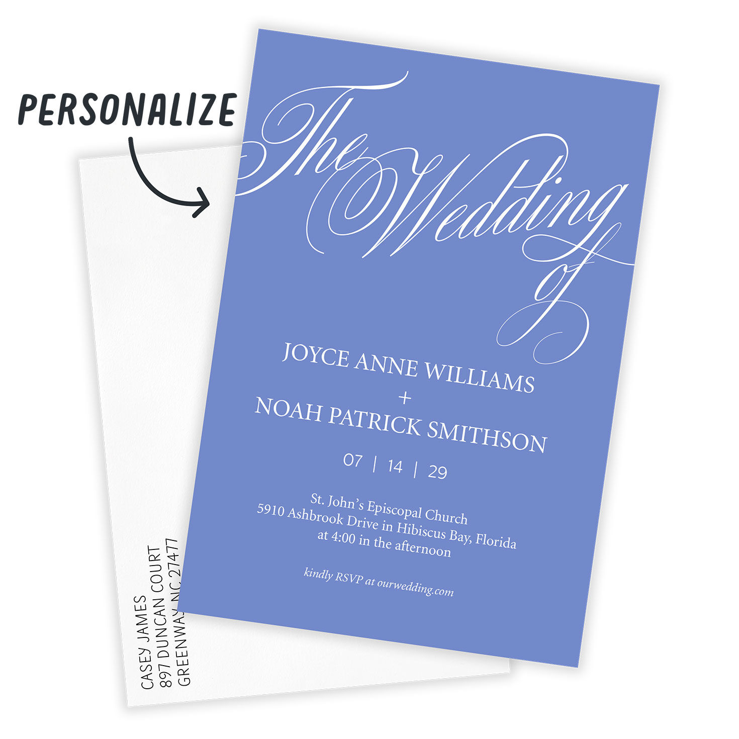 White on Blue Personalized Wedding Invitation Card front with Envelope indicating personalization image number 2