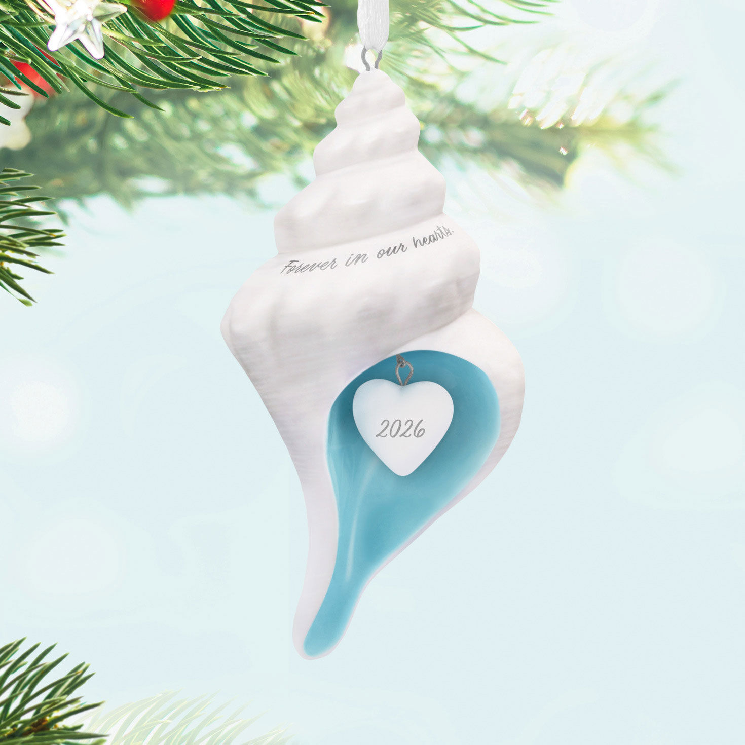 White and Blue Shell Keepsake Ornament Hanging on tree image number 2