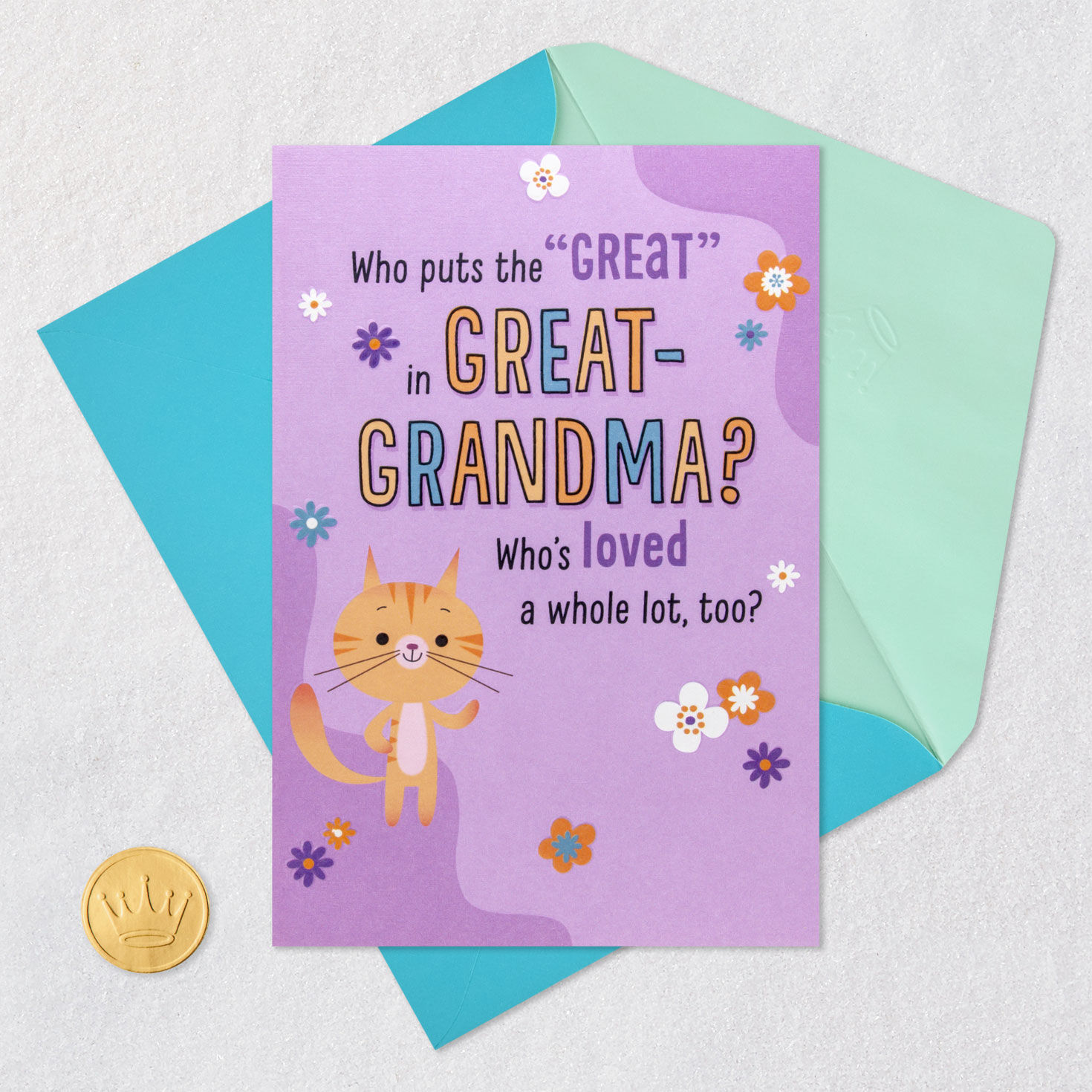 Tabby Cat on Purple Mother's Day Card for Great-Grandma Card Front with Envelope and Gold Seal image number 5
