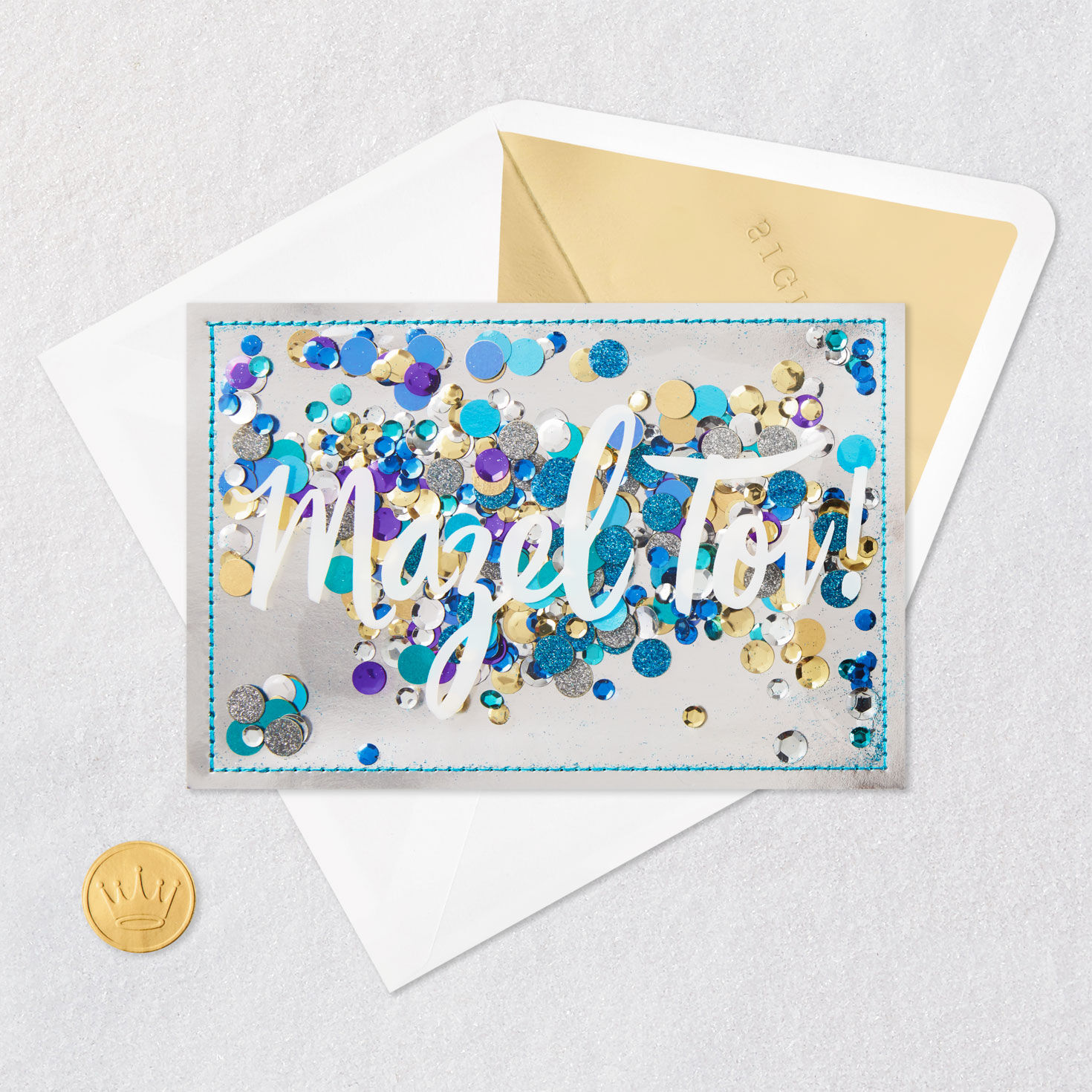 Glittery Blue and Gold Confetti Mazel Tov Card Card Front with Envelope and Gold Seal image number 4