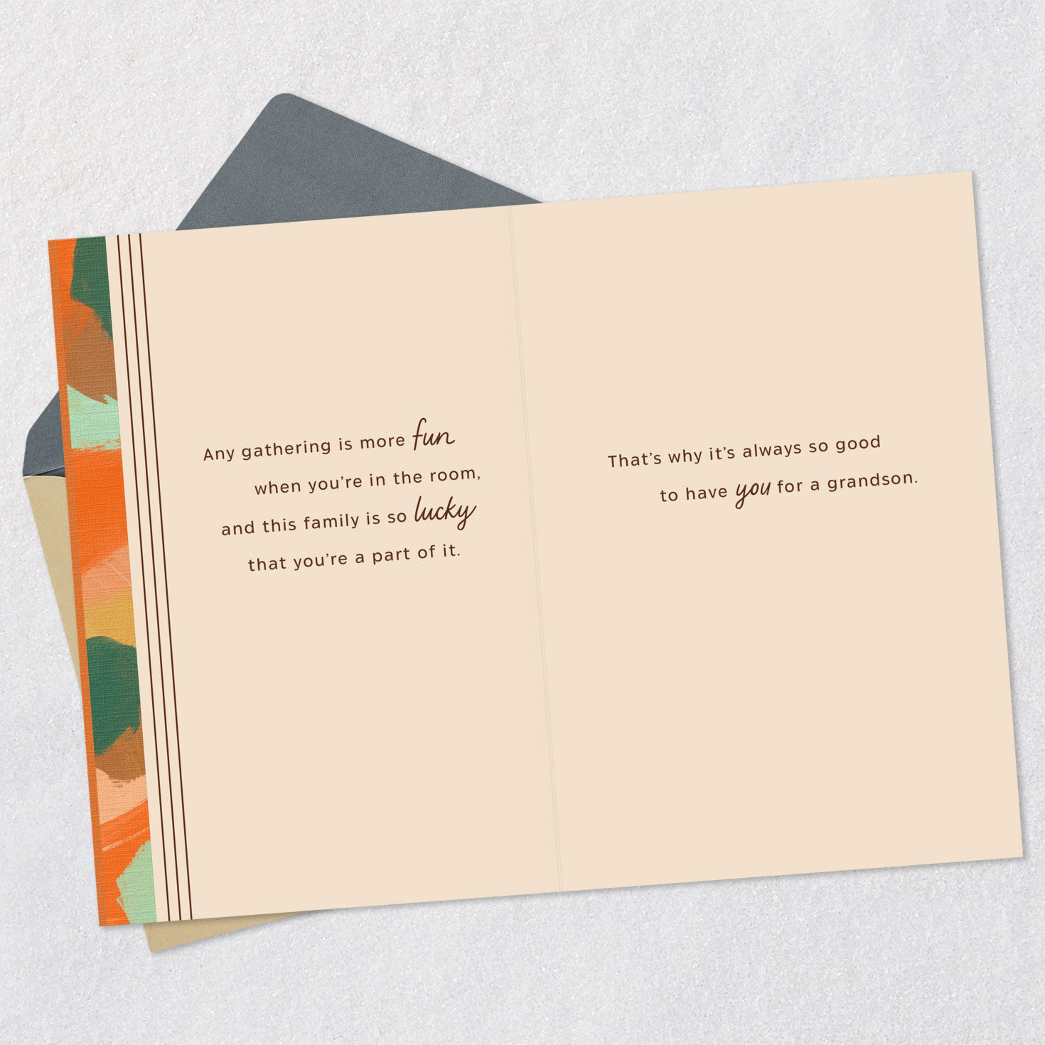 Orange and Green Abstract Thanksgiving Card for Grandson Open card with envelope image number 4