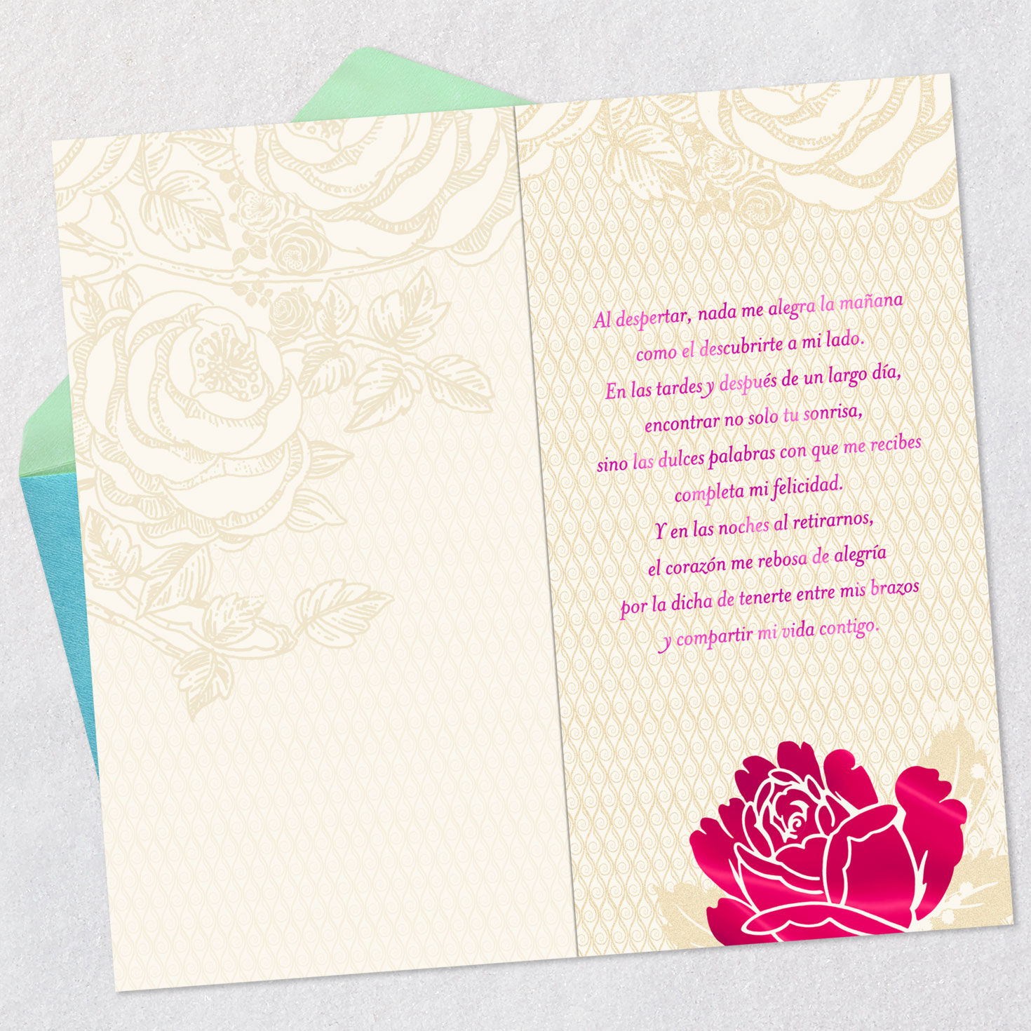 Pink Roses on Lace Anniversary Card in Spanish Open card with envelope image number 4