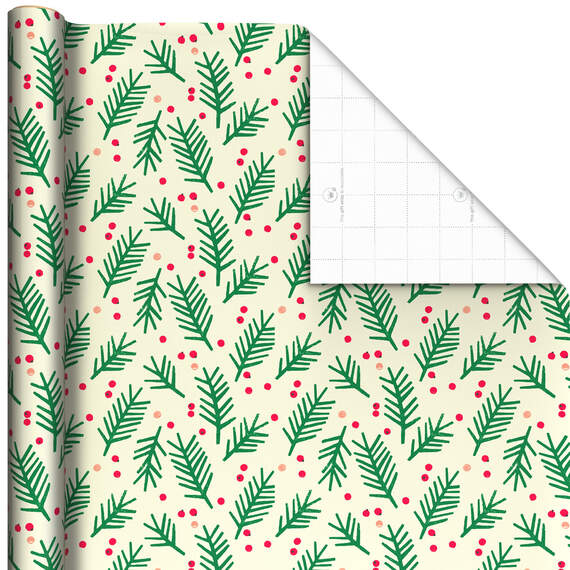 Illustrated Pine Branches and Berries Jumbo Christmas Wrapping Paper, 90 sq. ft.
