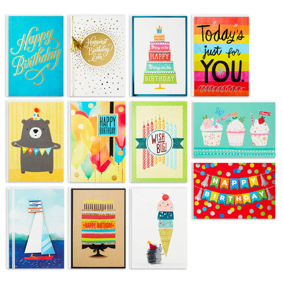 Bright and Happy Assorted Birthday Cards, Box of 12