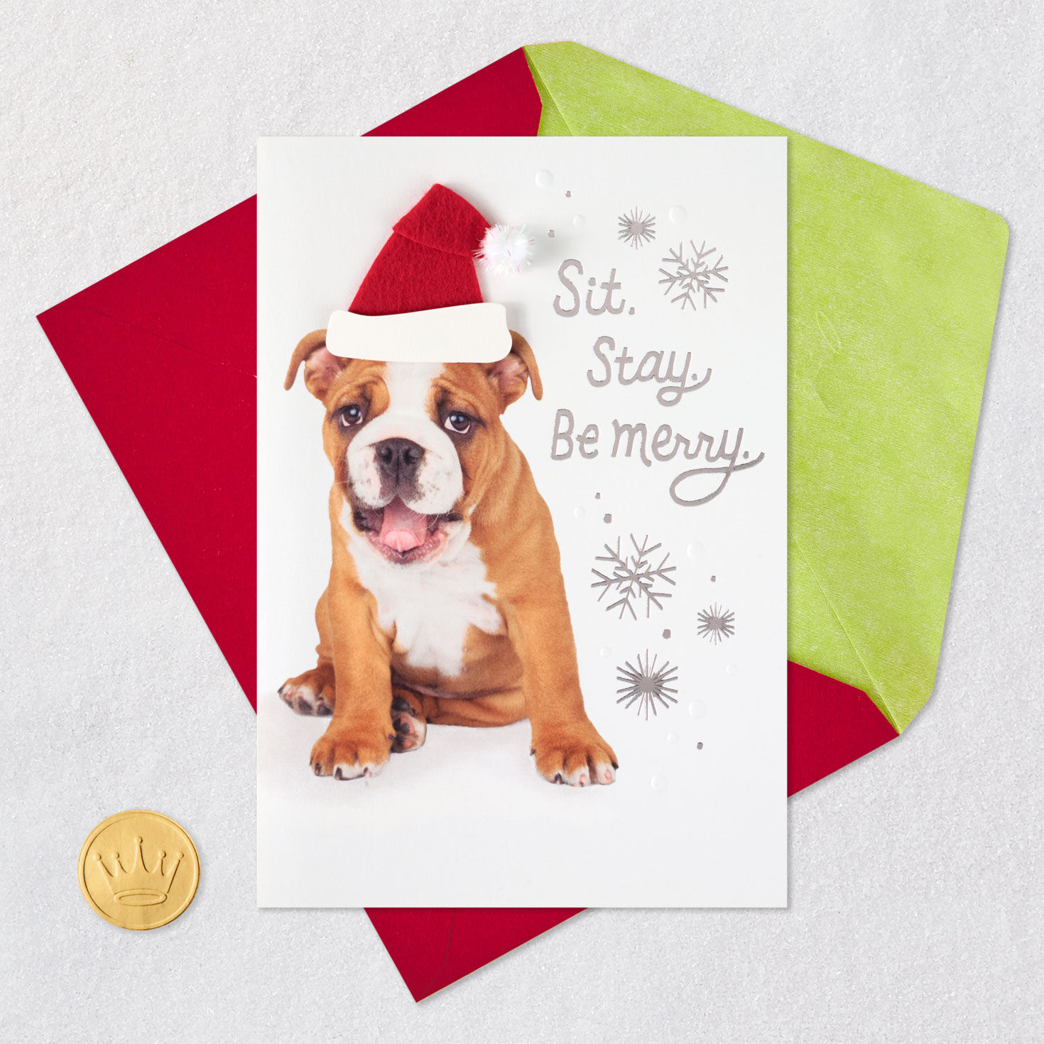 English Bulldog in Santa Hat Christmas Card Card Front with Envelope and Gold Seal image number 6