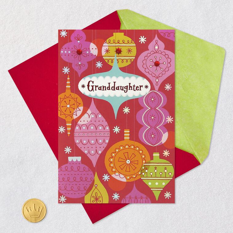 Mod Ornaments Granddaughter Christmas Card Card Front with Envelope and Gold Seal image number 5