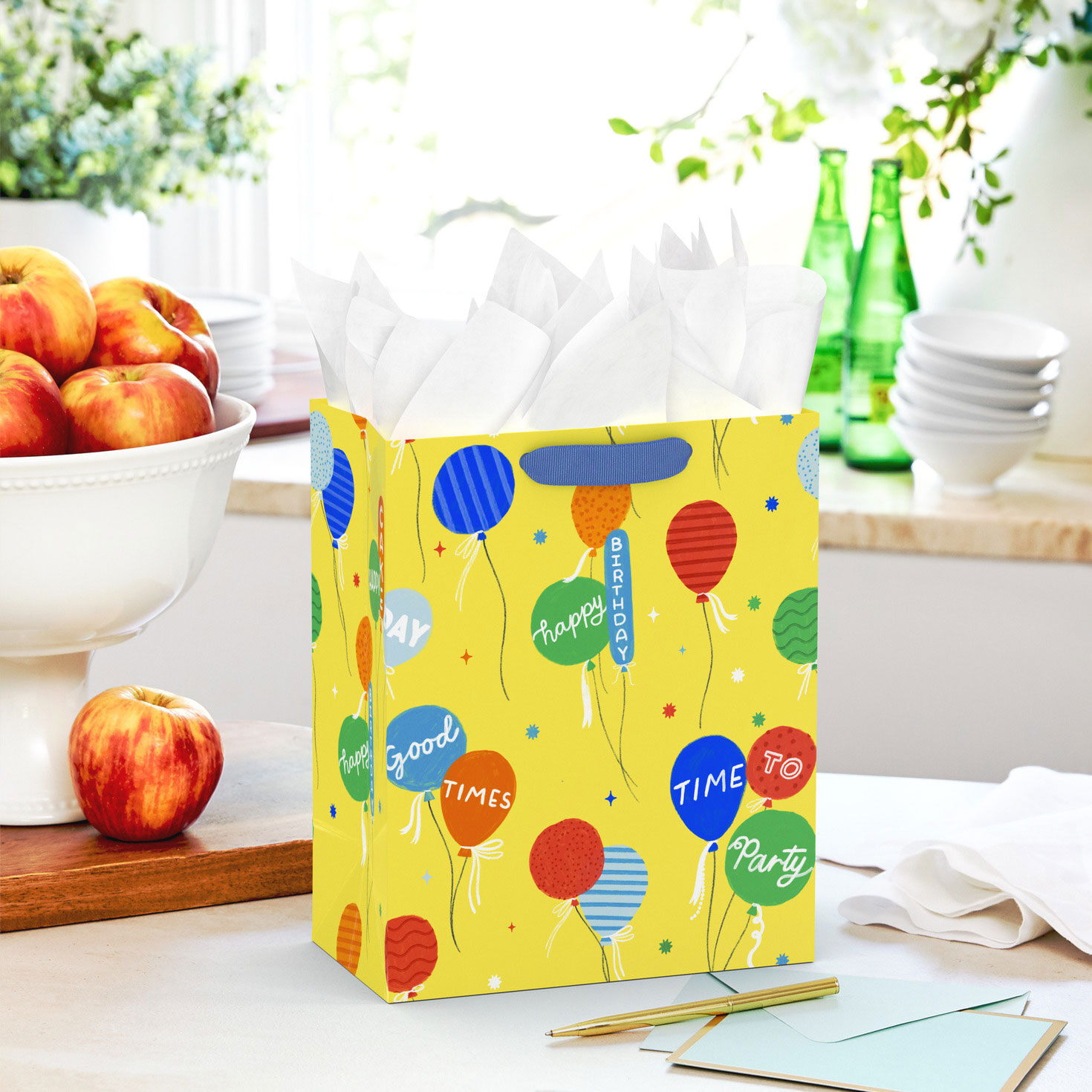 Bright Balloons on Yellow Medium Birthday Gift Bag in use image number 2
