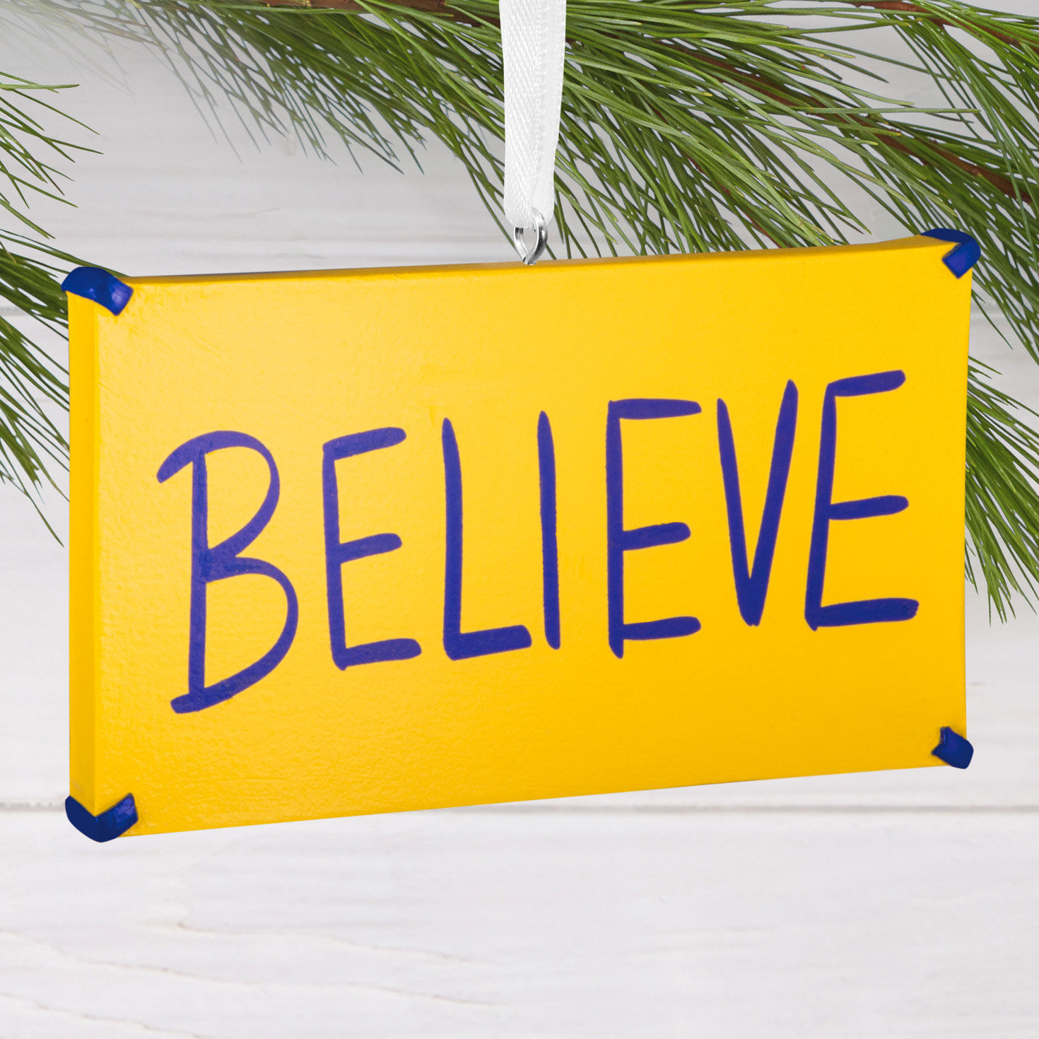 Yellow Blue Believe Sign Christmas Ornament hanging on tree image number 2