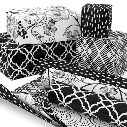 Black and White Prints 3-Pack Reversible Wrapping Paper, 75 sq. ft. total, 