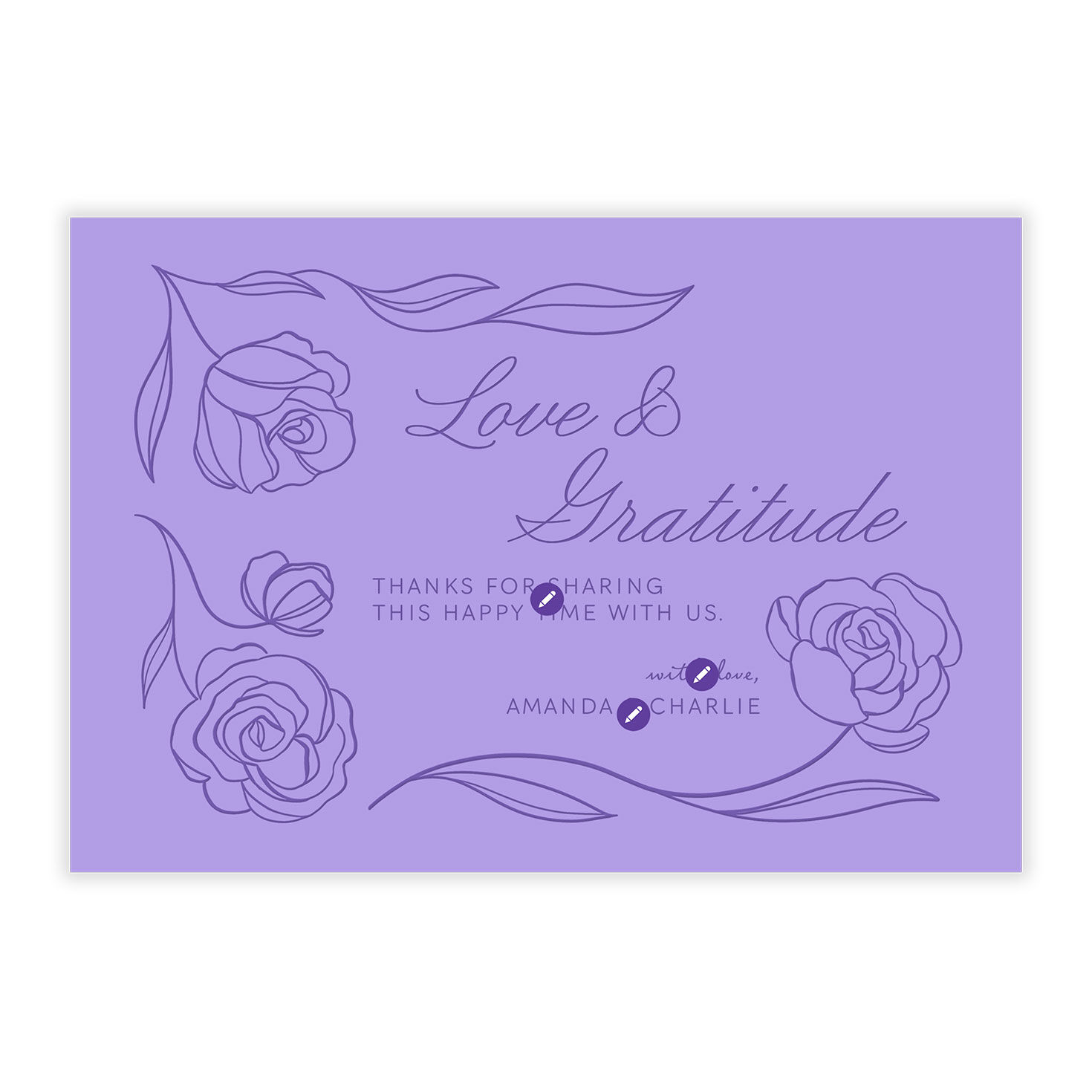 Purple Rose Stems Personalized Wedding Thank You Card Front indicating personalization image number 5