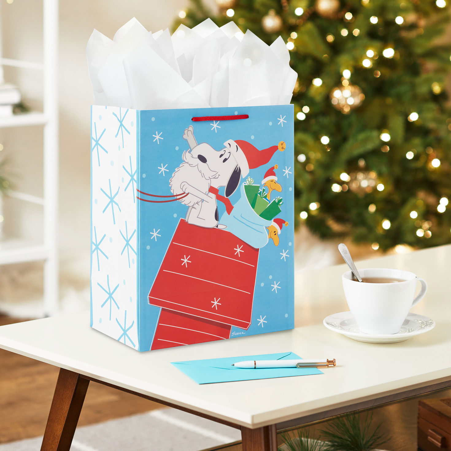 13" Peanuts® Santa Snoopy on Dog House Sleigh Large Christmas Gift Bag for only USD 4.49 | Hallmark