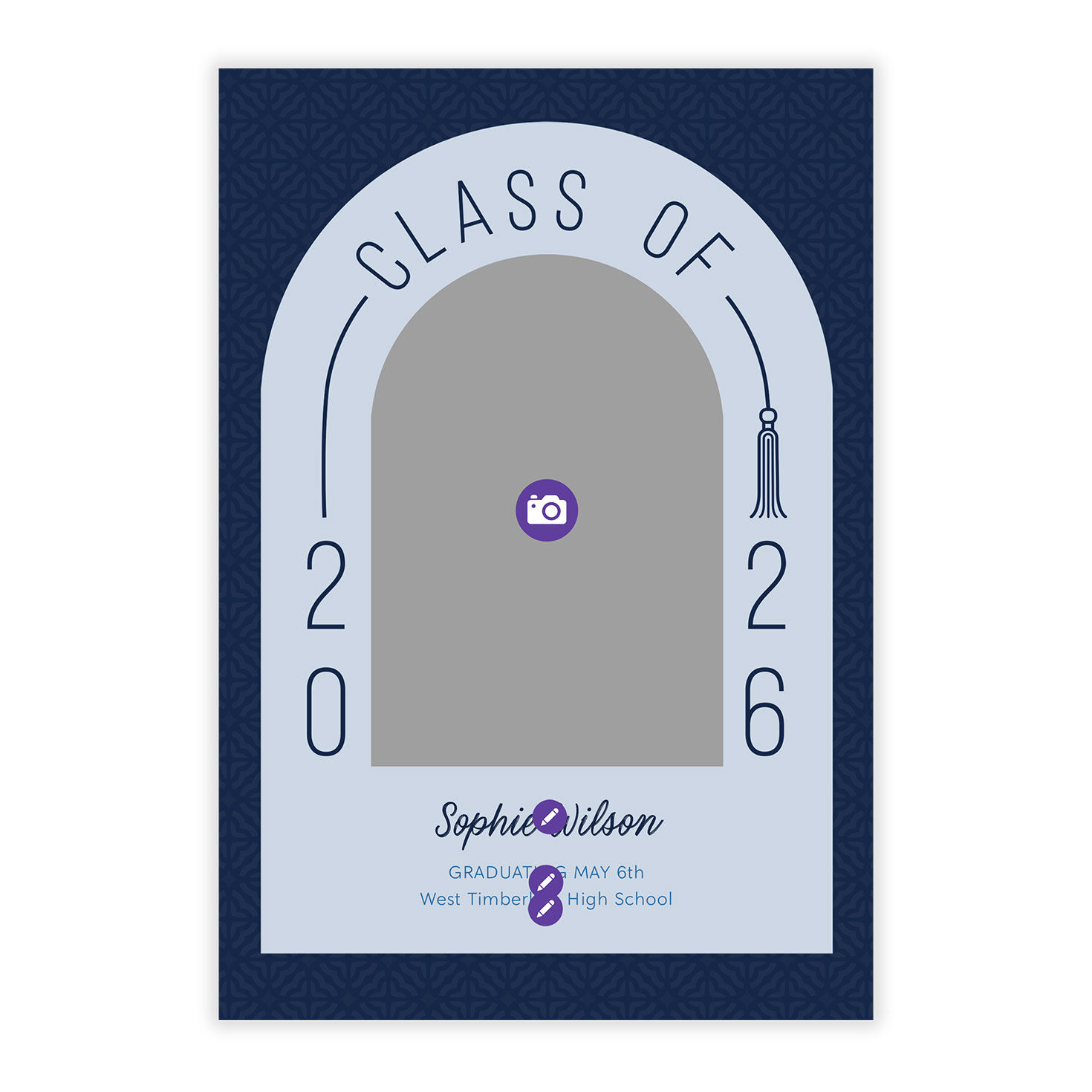 Blue on Blue Arch Personalized Grad Announcement Card Front indicating personalization image number 5