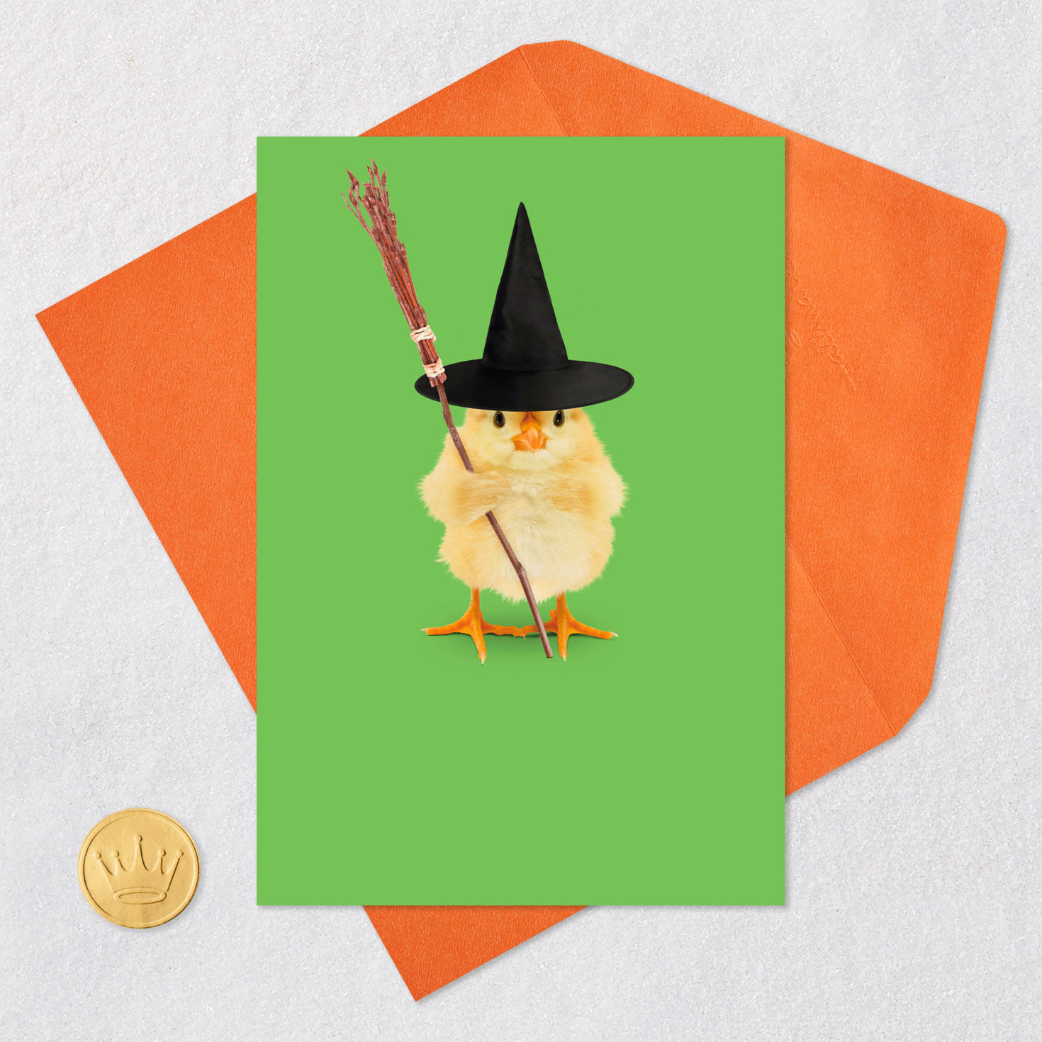 Chick in Witch Hat Funny Halloween Card Card Front with Envelope and Gold Seal image number 5