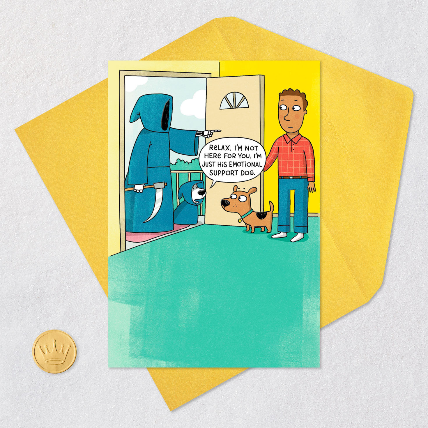 Grim Reaper's Emotional Support Dog Funny Birthday Card Card Front with Envelope and Gold Seal image number 5