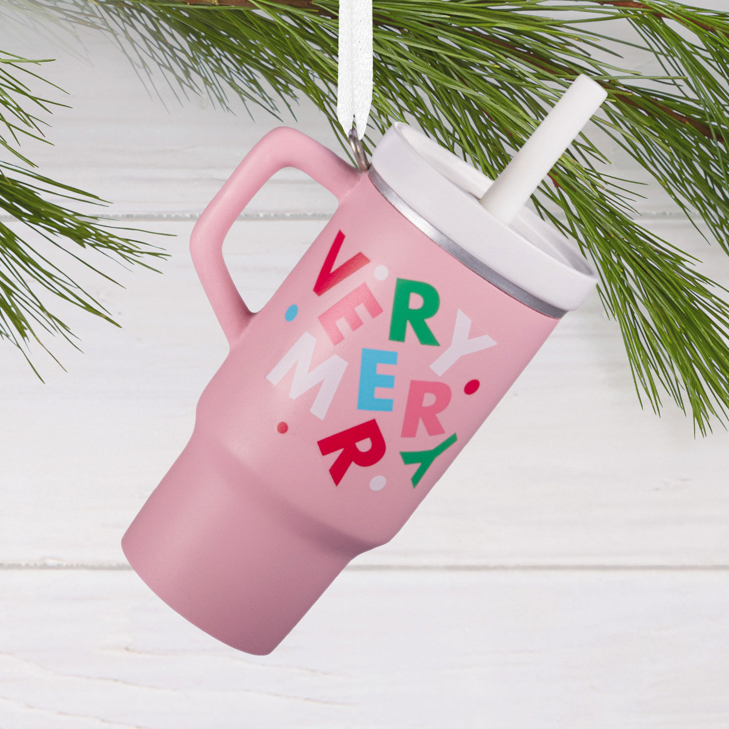 Very Merry Pink Straw Cup Christmas Ornament hanging on tree image number 2