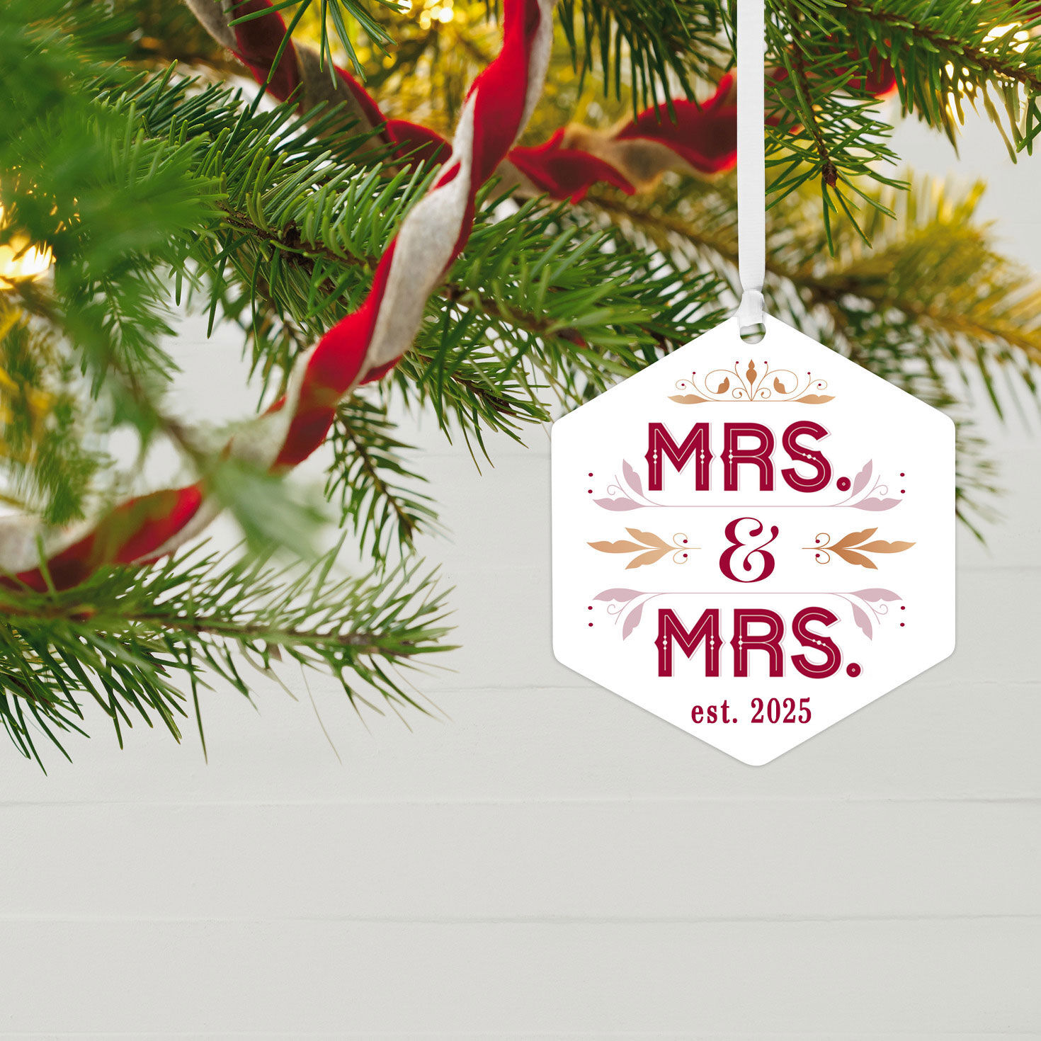 Mrs. & Mrs. Personalized Christmas Ornament hanging on tree image number 2