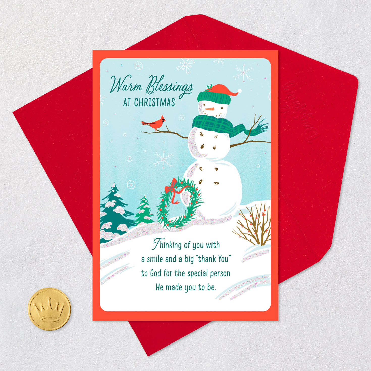 Snowman and Cardinal Religious Christmas Card Card Front with Envelope and Gold Seal image number 6
