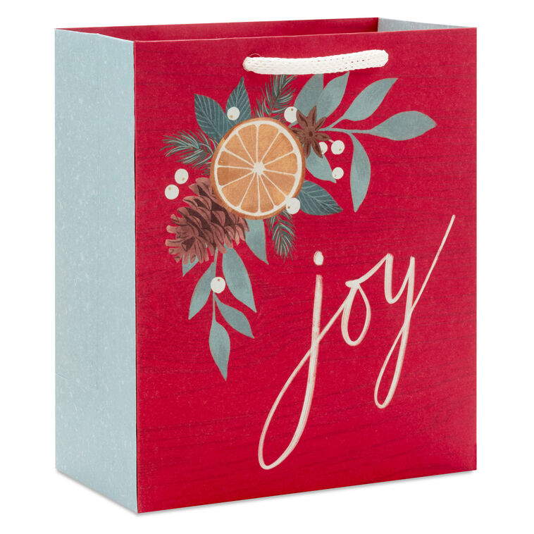 6.5" Joy With Greenery on Red Wood Grain Small Holiday Gift Bag